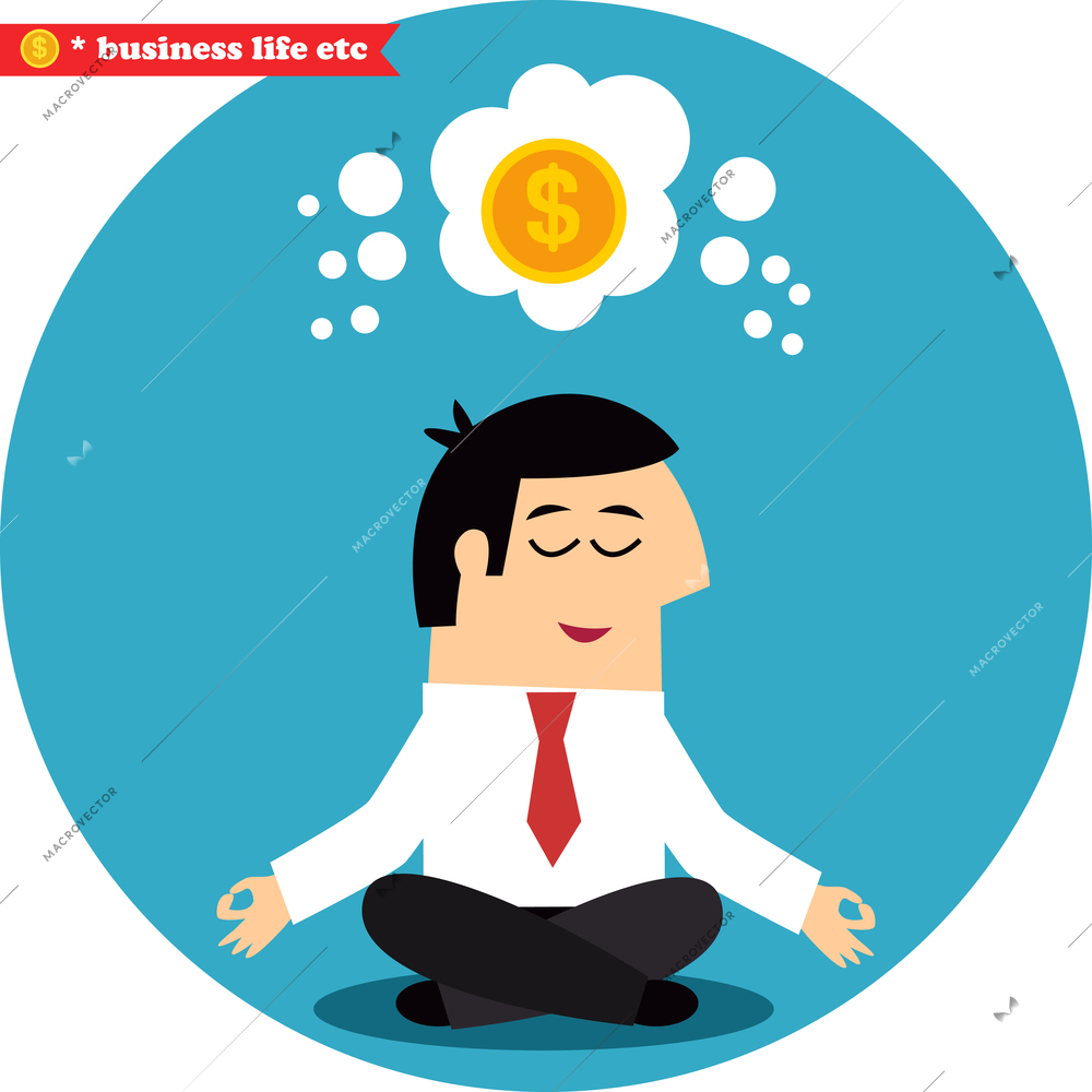 Business life. Manager meditating on money and success in the lotus position vector illustration