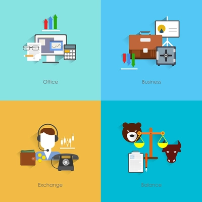 Finance exchange flat set with office business balance isolated vector illustration