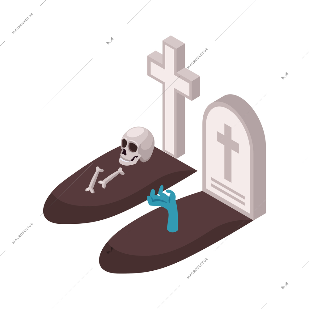 Halloween isometric composition with two graves human bones hand of dead man 3d vector illustration