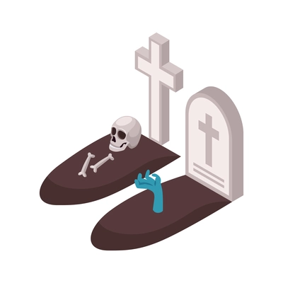 Halloween isometric composition with two graves human bones hand of dead man 3d vector illustration