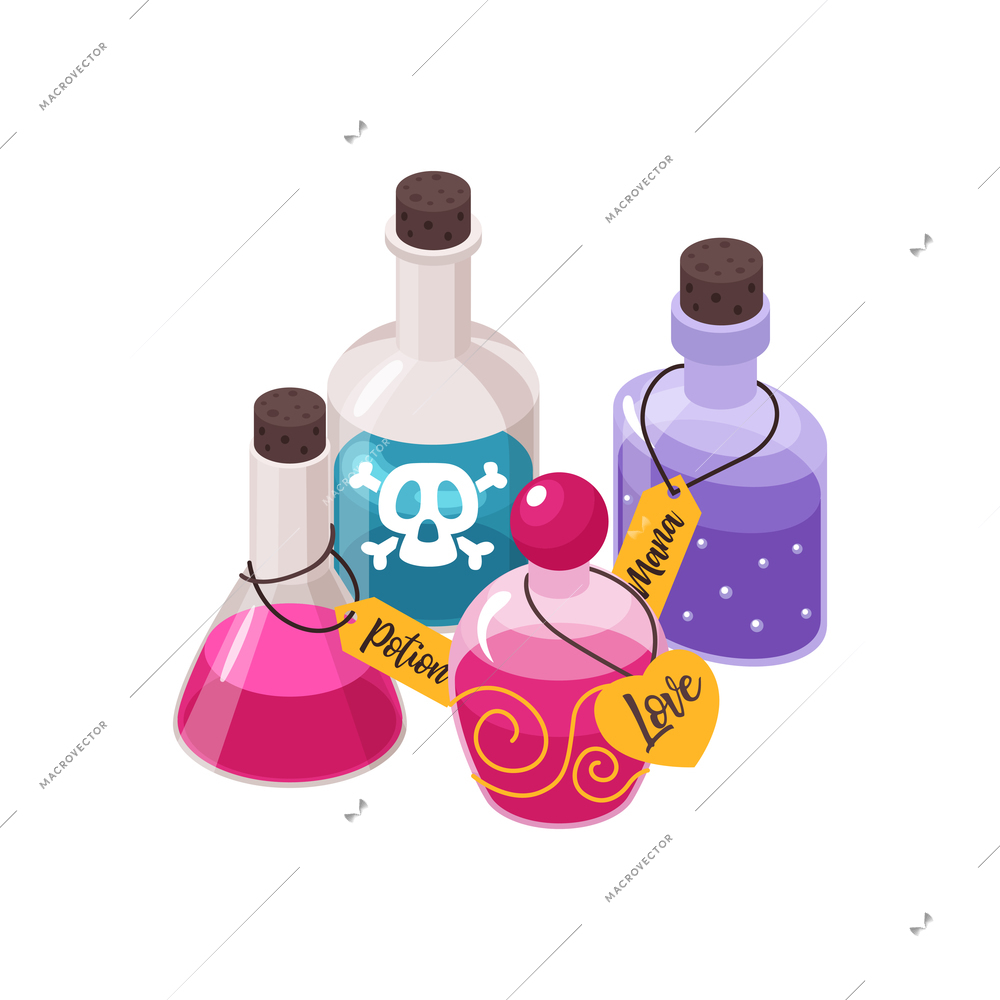 Isometric flasks with colorful magic potions on white background 3d vector illustration