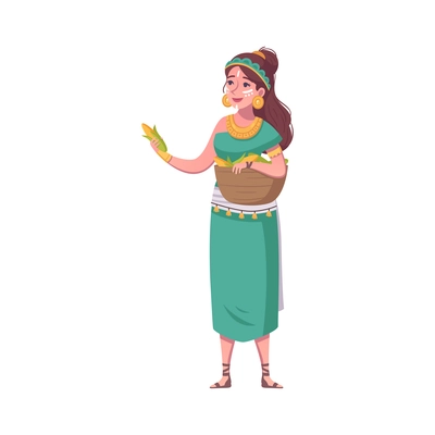 Maya woman holding basket with corn cartoon vector illustration