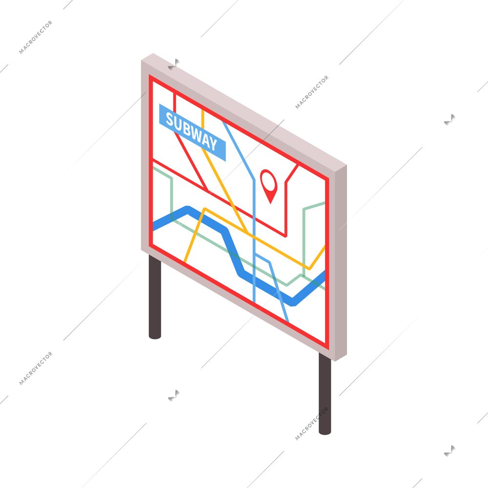 Colored isometric subway map with location pin 3d vector illustration