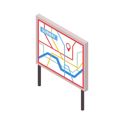 Colored isometric subway map with location pin 3d vector illustration