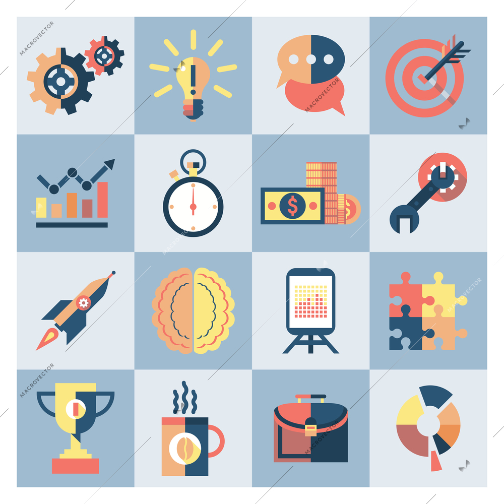 Creative process research brainstorming productivity icons set isolated vector illustration