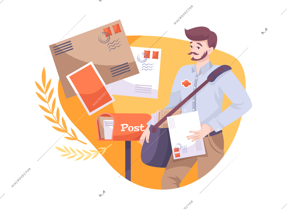 Flat composition with male postman and letters in envelopes vector illustration