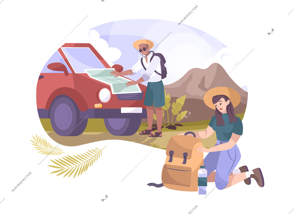 Camping flat composition with two hikers vector illustration