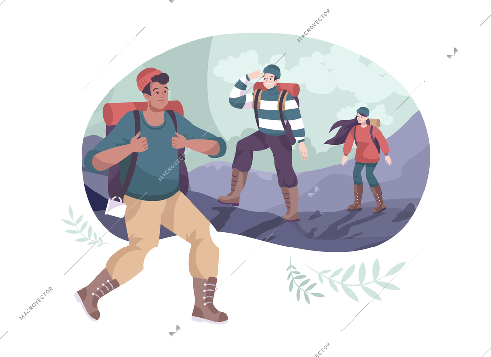 Cartoon outdoor composition with group of hikers wearing backpacks vector illustration