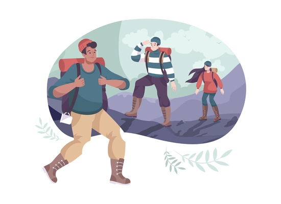 Cartoon outdoor composition with group of hikers wearing backpacks vector illustration