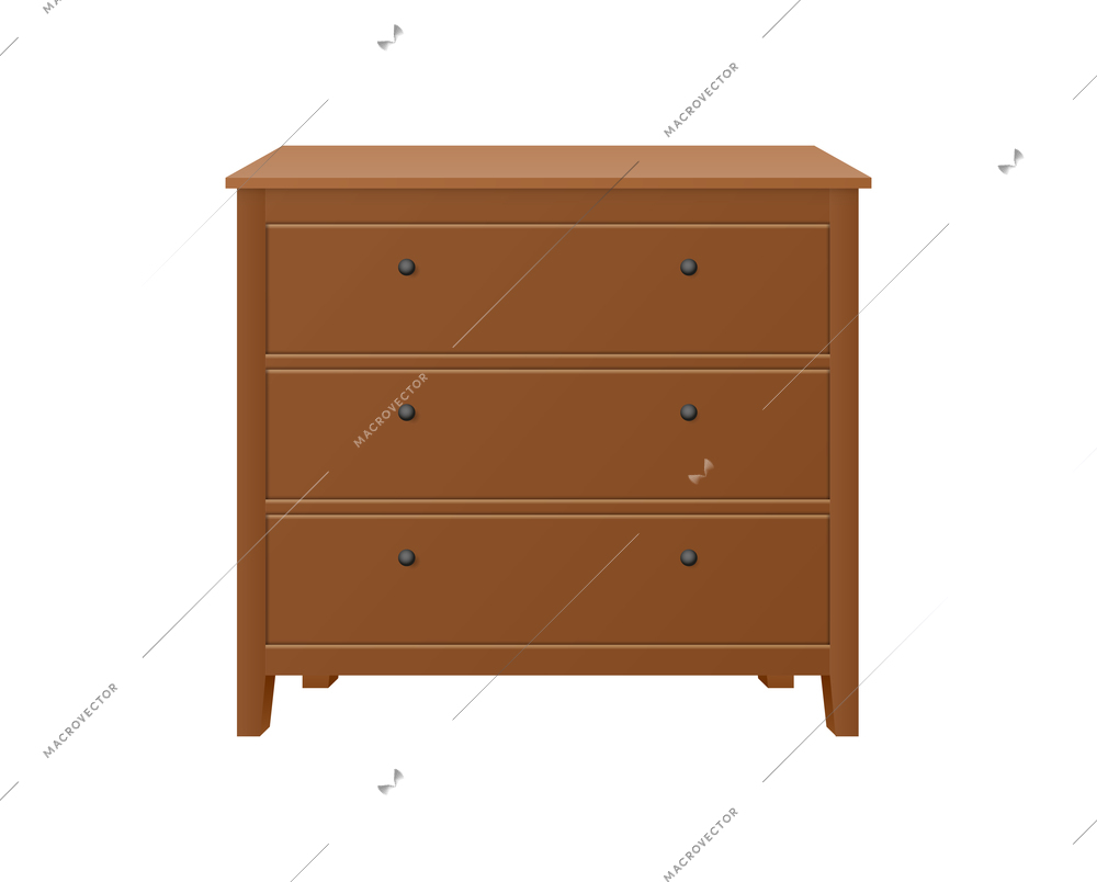 Brown wooden chest of drawers on white background realistic vector illustration