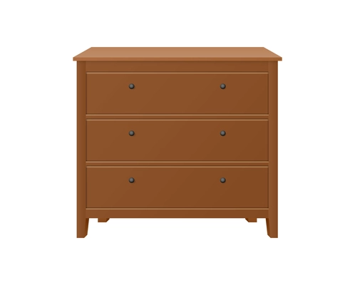 Brown wooden chest of drawers on white background realistic vector illustration