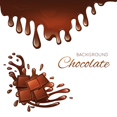 Sweets dessert chocolate bar pieces and splash drips background vector illustration