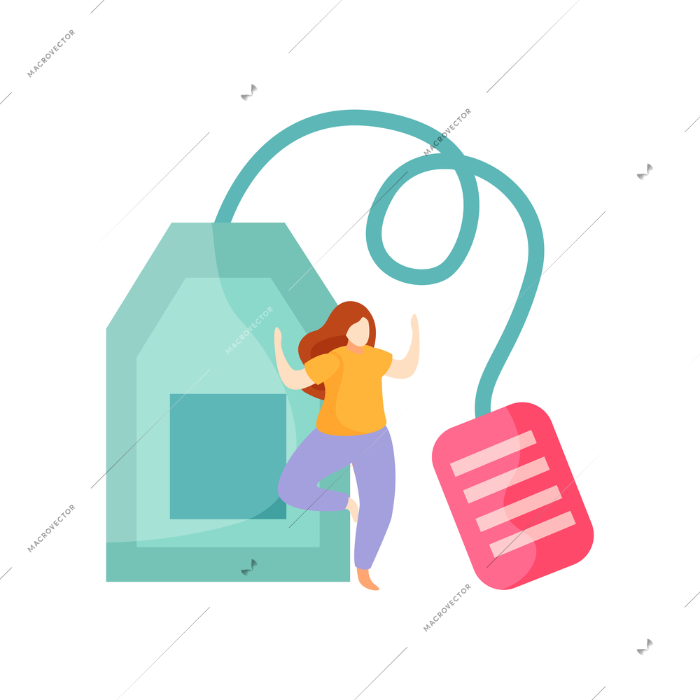 Flat design icon of tea bag and happy woman character on white background vector illustration