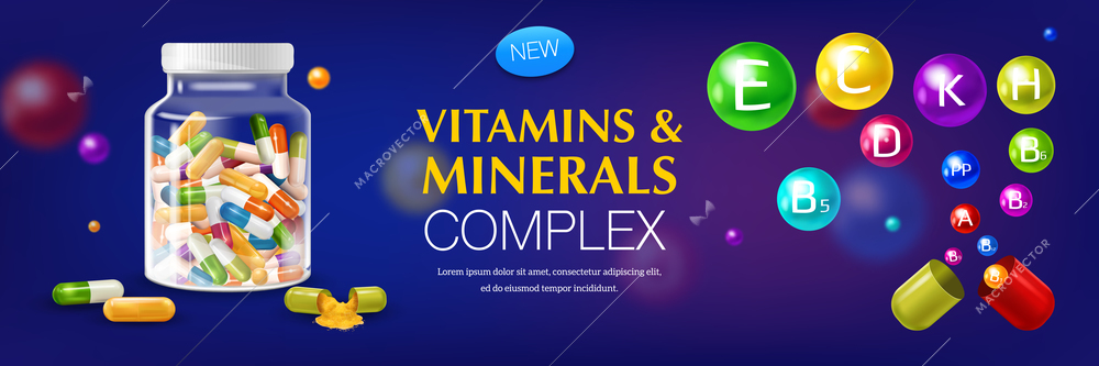Realistic 3d vitamin mineral horizontal poster advertising background with text pills and colourful bubbles with letters vector illustration