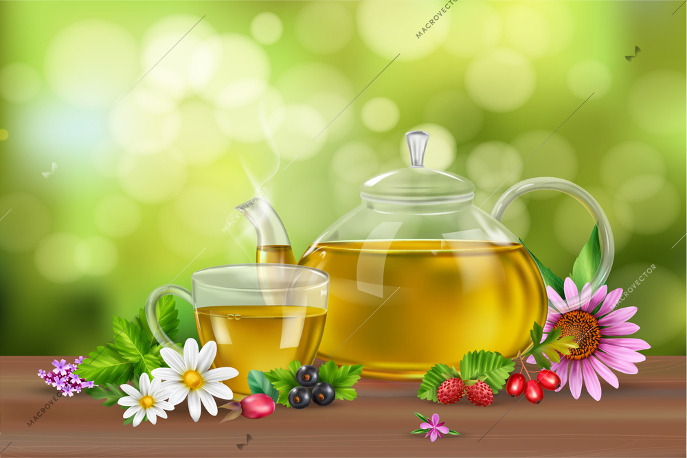 Realistic background with green tea in cup and pot herbs flowers and berries on wooden surface vector illustration