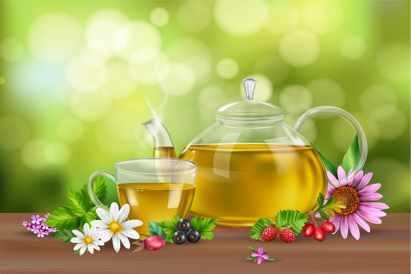 Realistic background with green tea in cup and pot herbs flowers and berries on wooden surface vector illustration