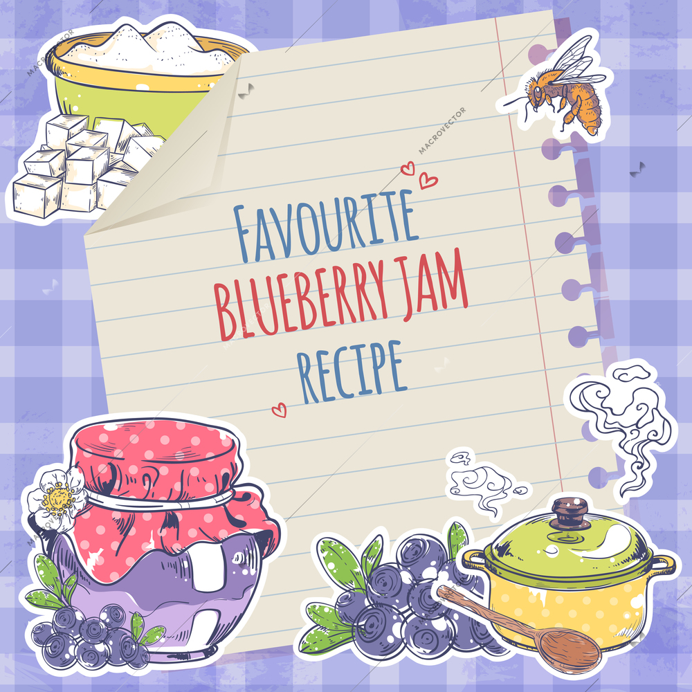 Sweet homemade blueberry jam marmalade recipe on lined paper poster vector illustration