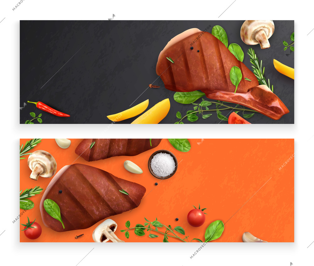 Roasted meat vegetables bbq grill set of two horizontal banners with realistic images of meat steaks vector illustration