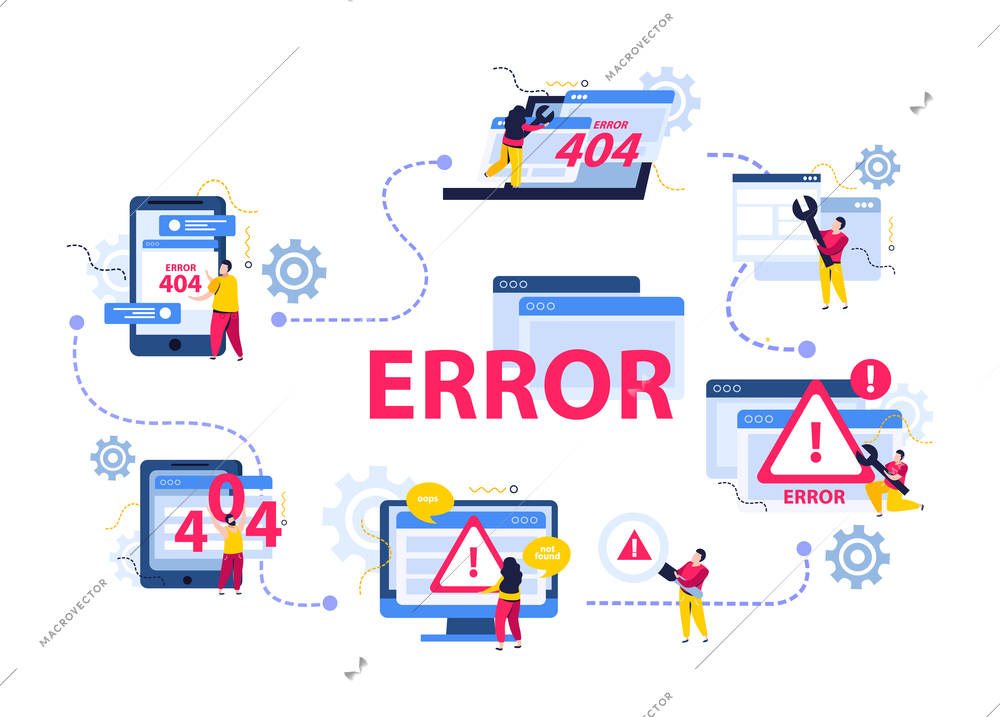 Computer repair concept with error and help desk symbols flat vector illustration