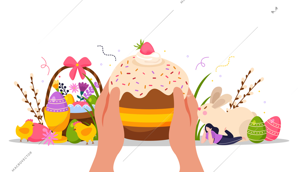 Easter holiday celebration flat composition with colored eggs and cake vector illustration