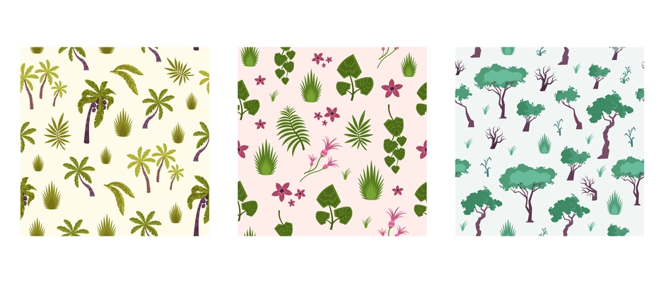 Pattern plants flat set of three seamless textures made with isolated icons of tropical trees flowers vector illustration