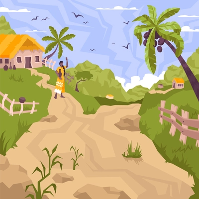 Village landscape background with tropical trees woman and road vector illustration
