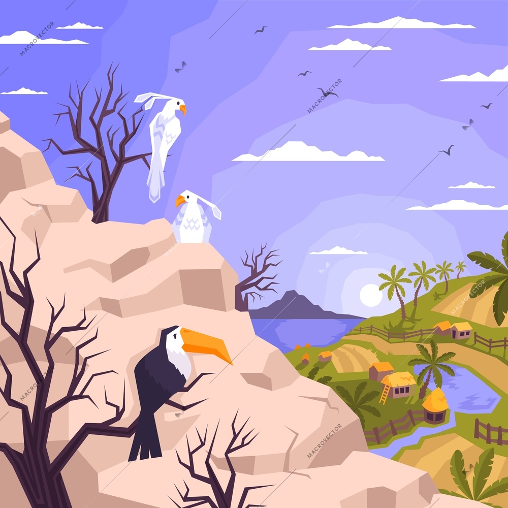 Landscape flat composition with outdoor view of mountain with sitting parrots toucan and view of village vector illustration