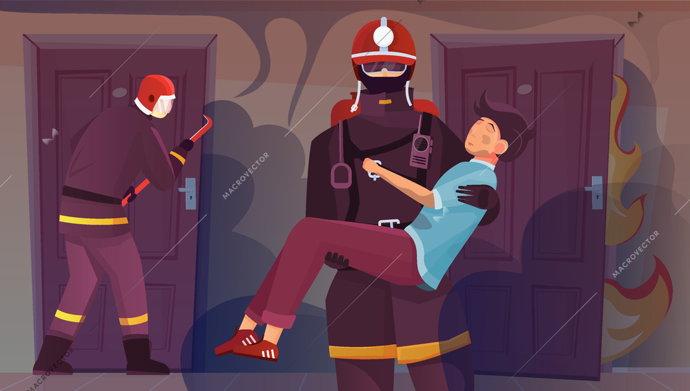 Firefighters house people flat composition with view of apartment doors with saved boy on firefighters hands vector illustration