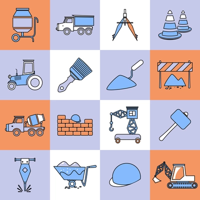 Construction tools industrial flat line web site icons set isolated vector illustration