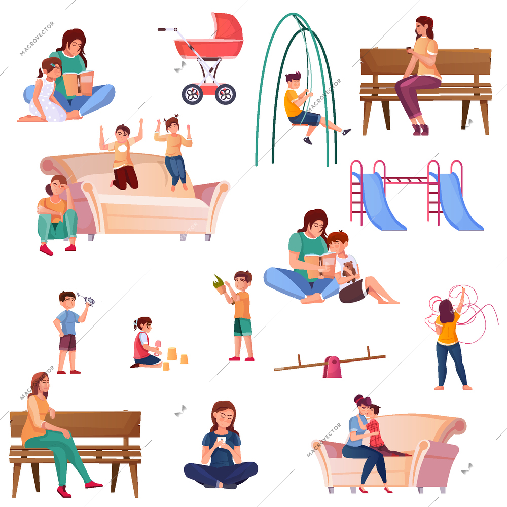 Motherhood flat color set illustrated child care at home outdoors and on kids playground isolated vector illustration