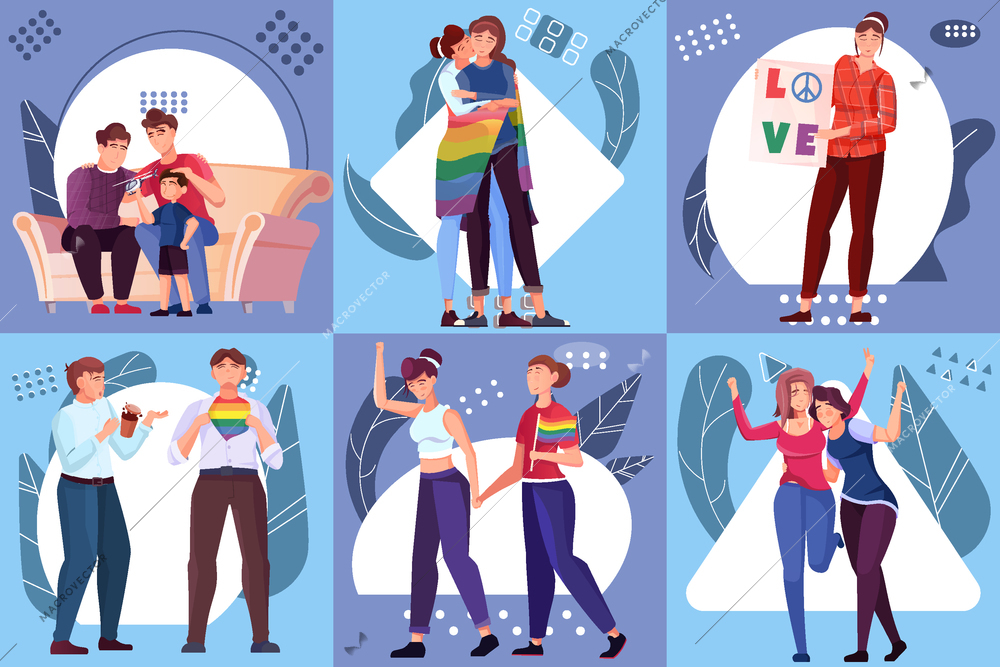 Lgbt six flat compositions with male and female characters holding rainbow flags and other symbols in their hands isolated vector illustration