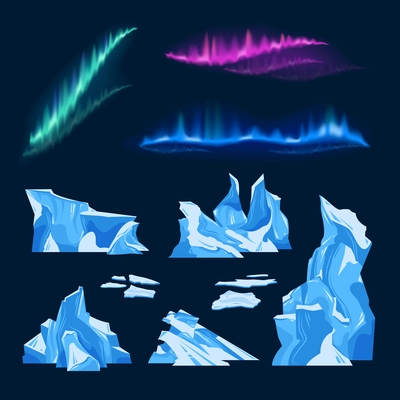 Icebergs and northern lights set of purple blue and green colors on black background isolated vector illustration