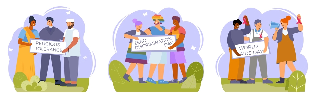 Discrimination set of three flat compositions with doodle human characters of activists with placards and text vector illustration