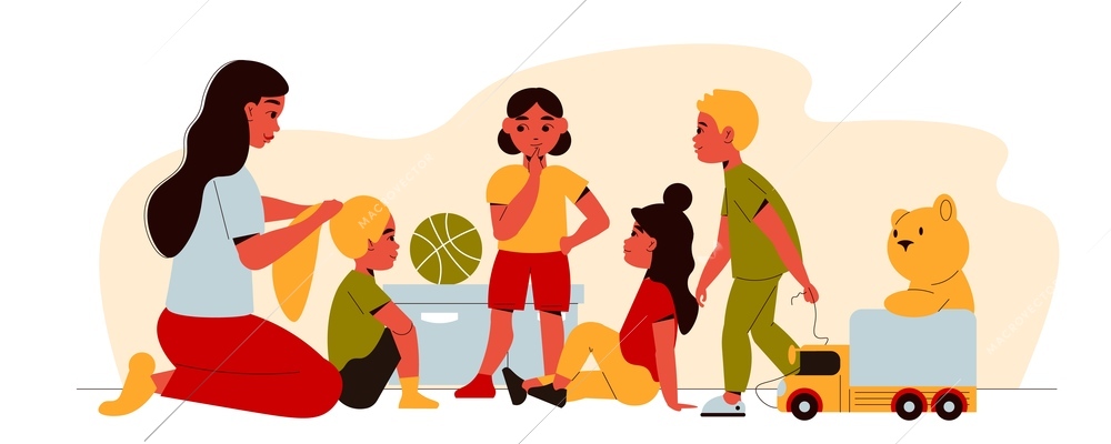 Kindergarten composition with human character of nanny tying girls hair into braid with children and toys vector illustration