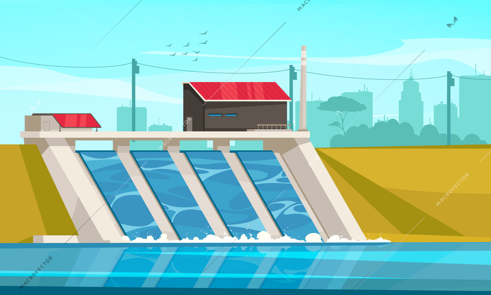 Ecological sustainable hydropower energy flat composition with suburb hydroelectric dam using river water environmental system vector illustration