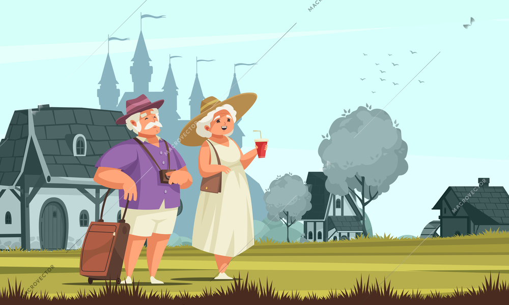 Old people activity flat cartoon composition travelling senior couple outdoor with castle on background vector illustration