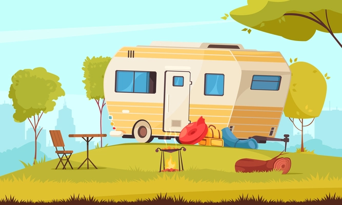 Trailer outside area with camping table folding chair barbecue in city suburb caravan park cartoon composition vector illustration