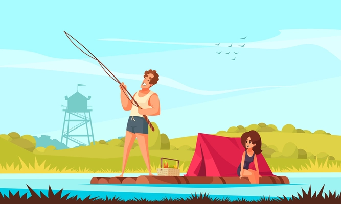 Young family with fishing rod and tent on floating wooden raft funny cartoon composition vector illustration