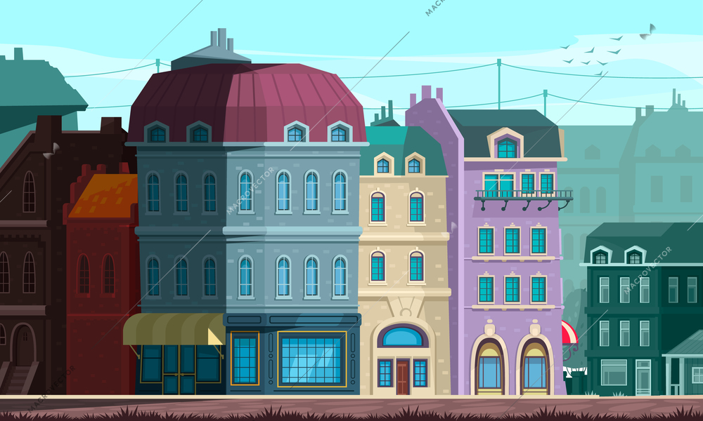 Architectural evolution renovated neoclassical style public buildings with domed roofs imposing residential houses street corner vector illustration