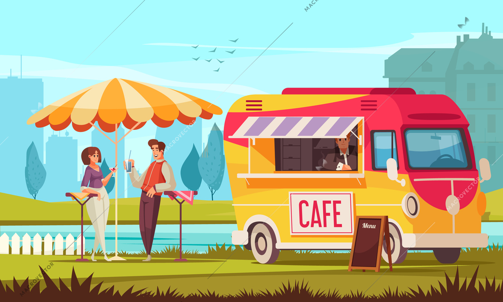 Street cafe bus in city park cartoon composition with young couple enjoying refreshing drinks outdoor vector illustration
