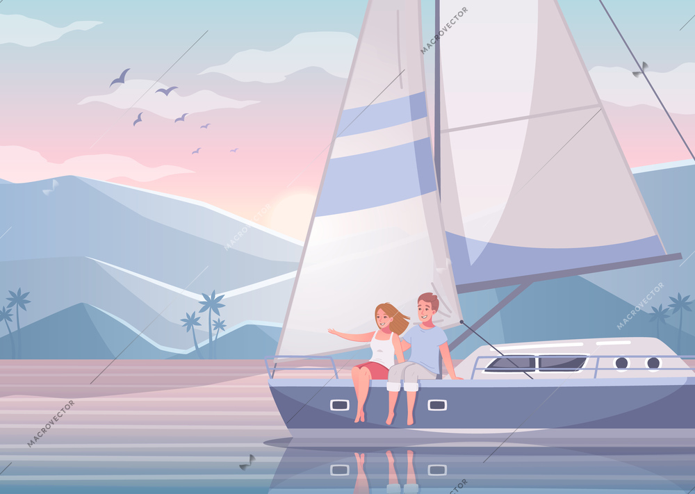 Yachting cartoon set with beautiful scenery of exotic bay with couple of lovers sitting on yacht vector illustration