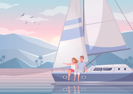 Yachting cartoon set with beautiful scenery of exotic bay with couple of lovers sitting on yacht vector illustration