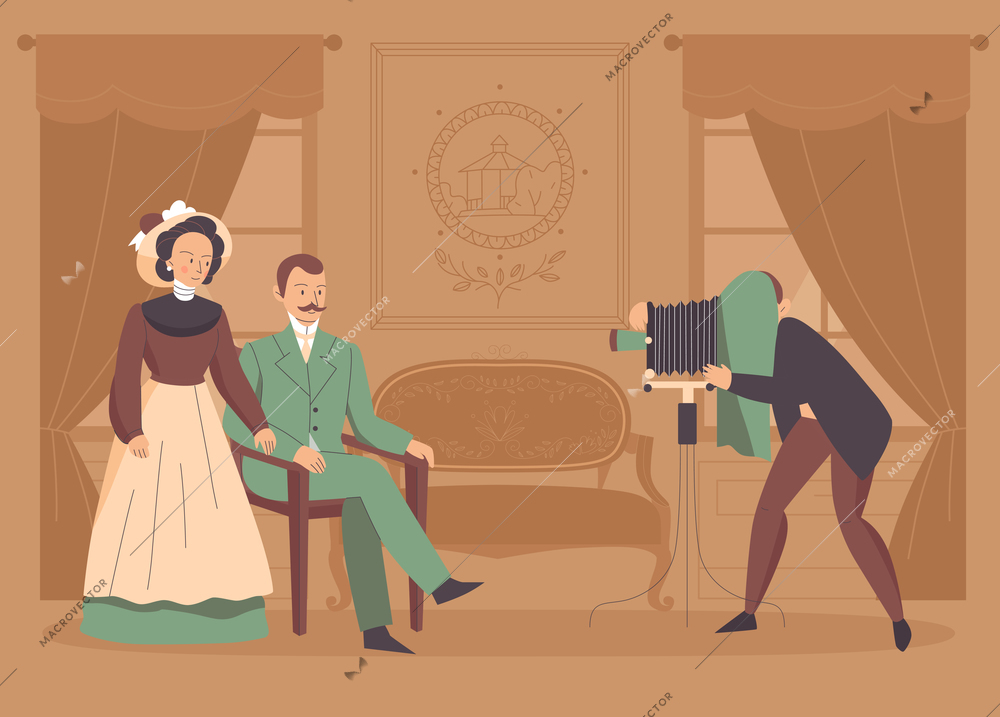 Vintage photographer background with camera and posing family couple vector illustration