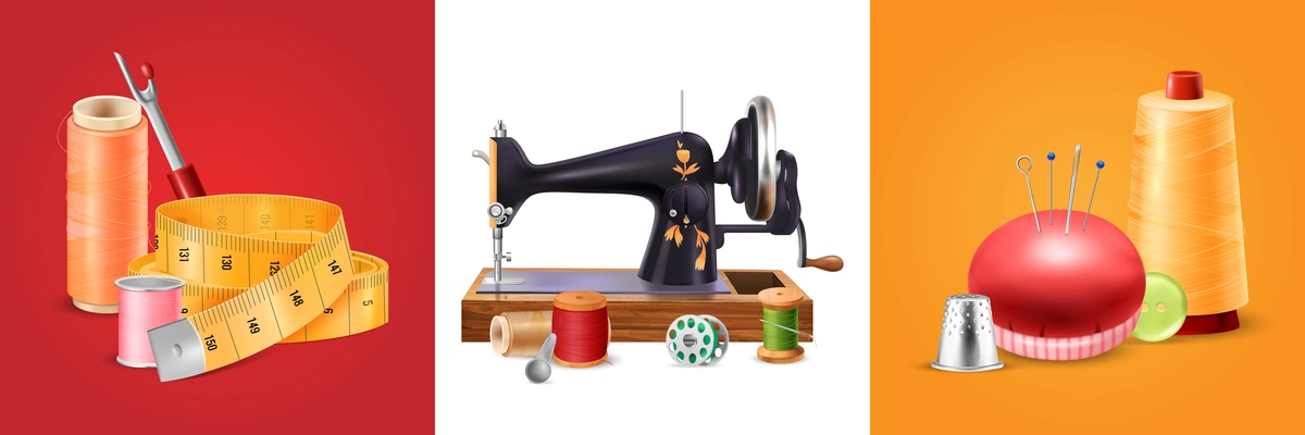 Sewing machine square set with needles and scissors realistic isolated vectors illustration