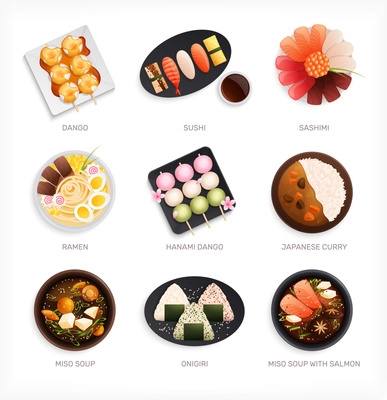 Traditional japanese food cuisine flat set with nine isolated images of various dishes with text captions vector illustration