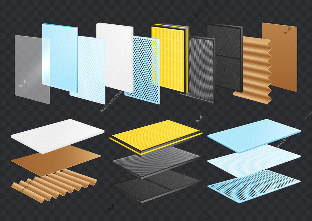Layered materials realistic set with transparent background and rectangular samples of materials layers with ready products vector illustration