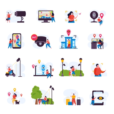 City video monitoring flat icons collection with isolated images of smart surveillance system elements with people vector illustration