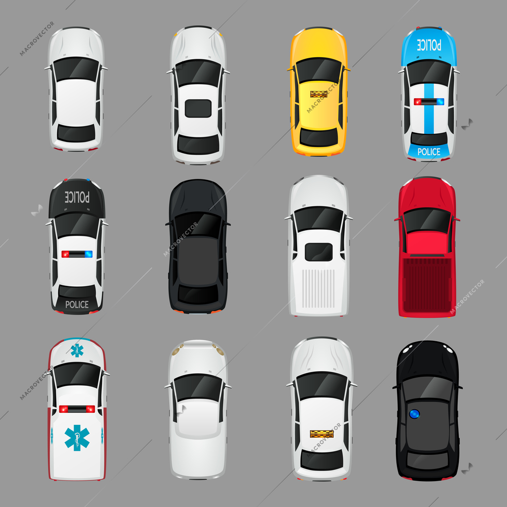 Cars transport top view icons set isolated vector illustration