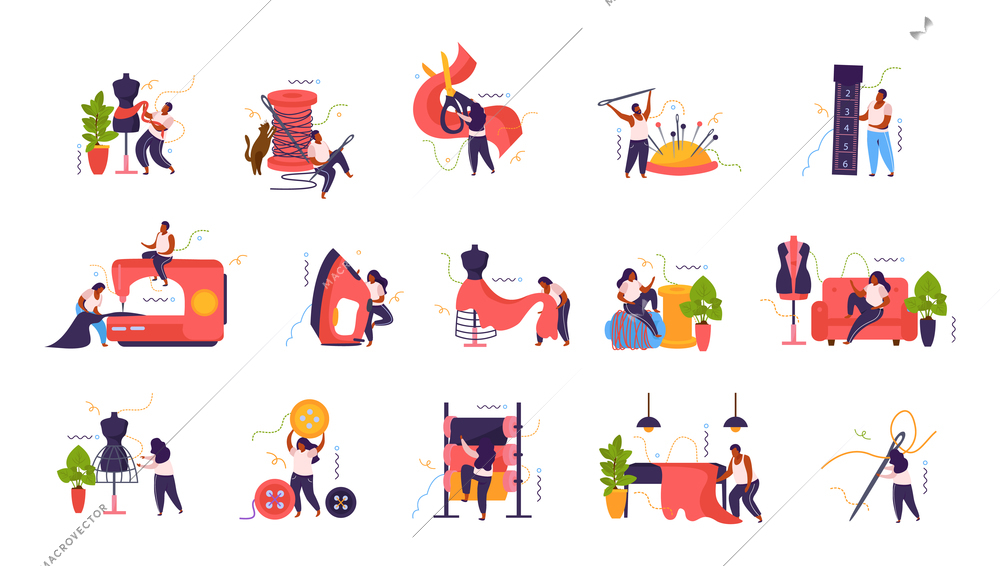 Tailoring flat set of isolated icons with human characters holding sewing and stitching accessories with clothes vector illustration