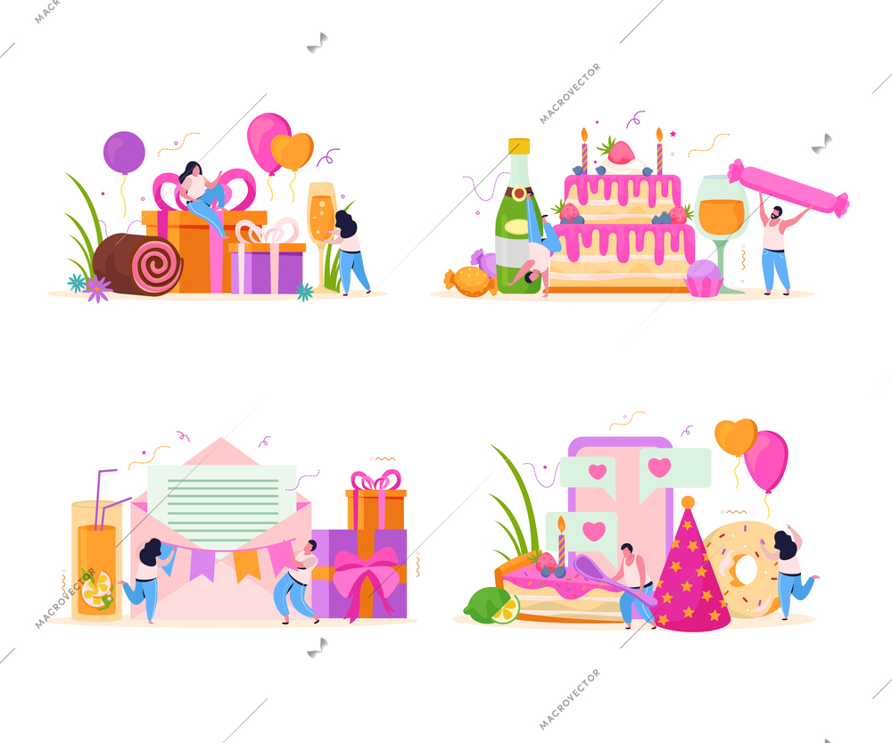 Birthday set of four flat compositions with small human characters and greeting letters with gift boxes vector illustration